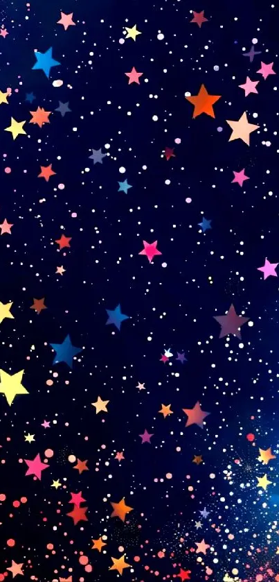 Colorful stars on a dark blue night sky wallpaper.