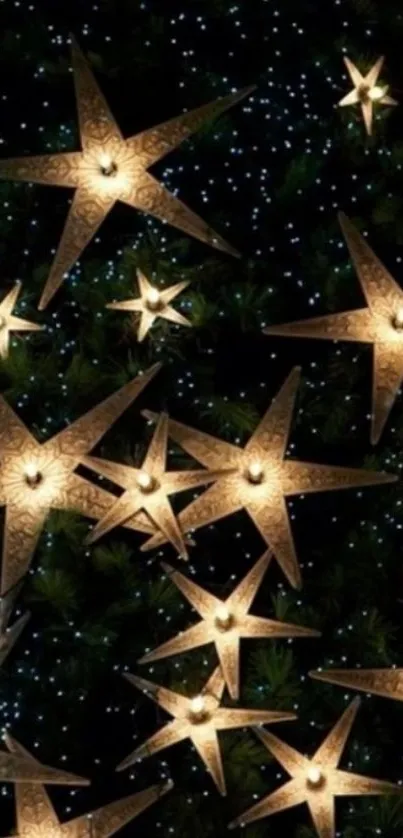 Glowing golden stars on a dark green background.