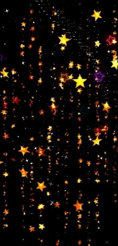 Mobile wallpaper with golden stars on black background.