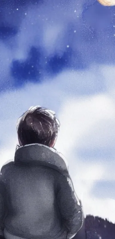 Person gazing at a starry night sky, under a moonlit background.