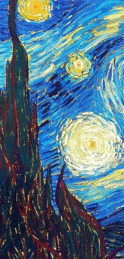 Vibrant Starry Night artwork on mobile wallpaper.