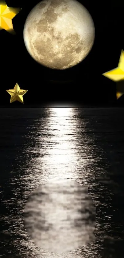 Starry night with moon reflecting on the sea, surrounded by bright stars.