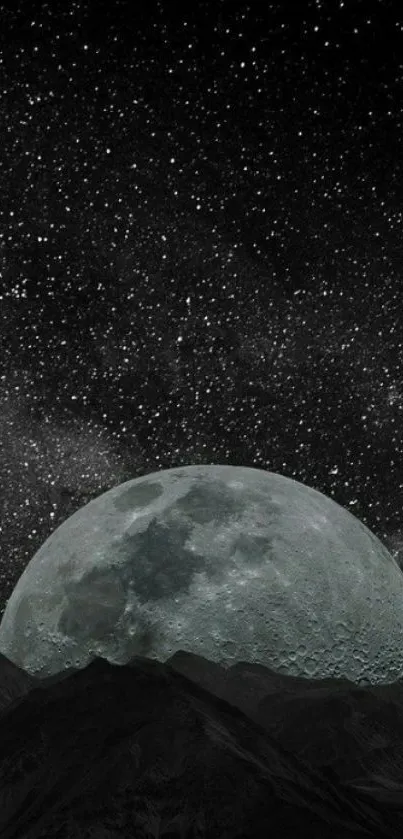 Starry night with moon and mountains wallpaper.