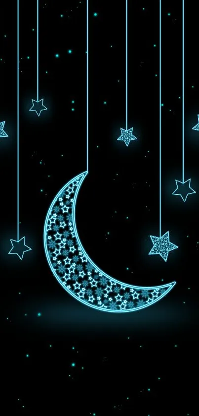 Glowing crescent moon and stars on a dark sky wallpaper.