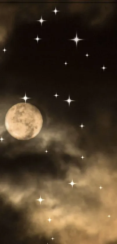 Mobile wallpaper of a full moon with stars and dark clouds in a night sky.