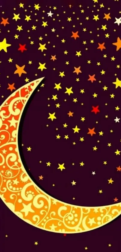 Decorative crescent moon and stars against a dark purple background.