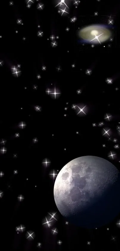 Moon and stars in a dark, starry night sky wallpaper.