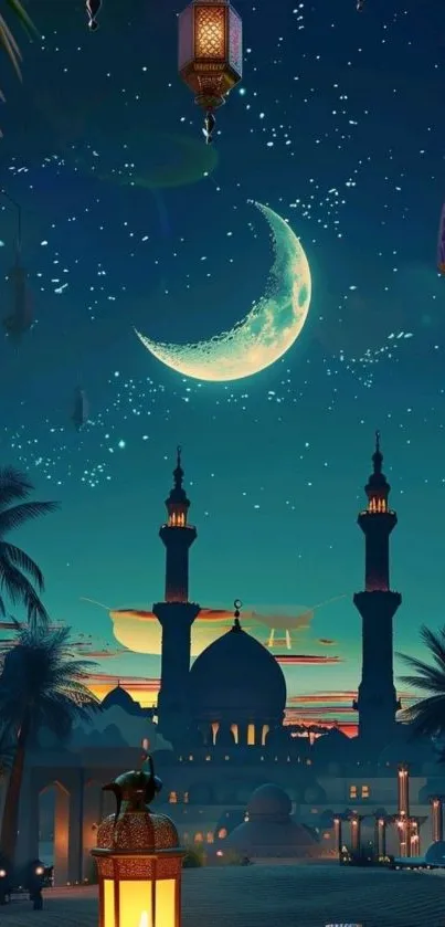 Starry night with mosque and crescent moon wallpaper.