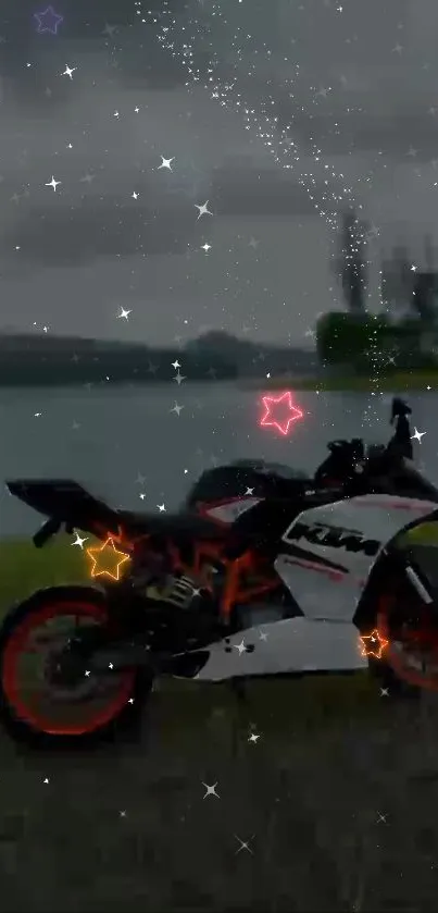 Motorcycle at lake under starry sky wallpaper.