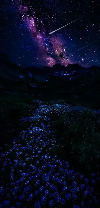 Starry night over mountain path with Milky Way and vivid floral meadows.