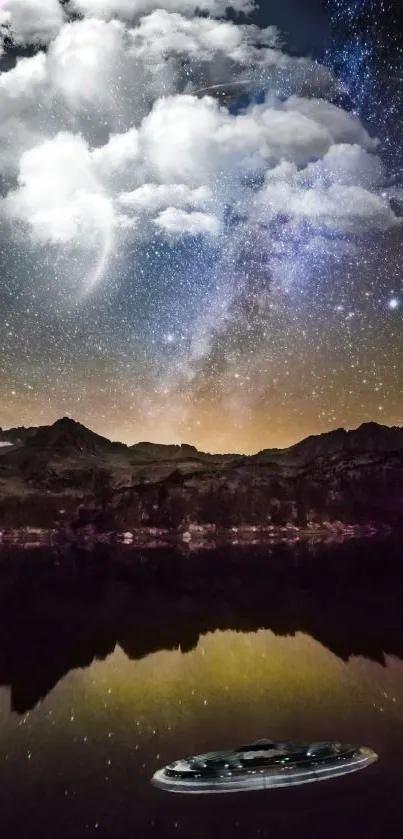 Starry night sky over a mountain reflected in a lake with dreamy clouds.