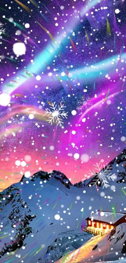 Mountain cabin under starry night sky with galaxy view.