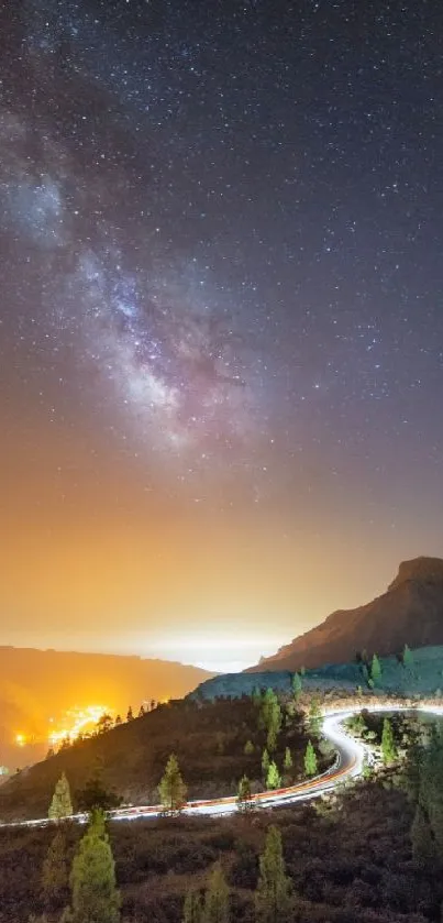 Starry night over a winding mountain road with glowing lights.