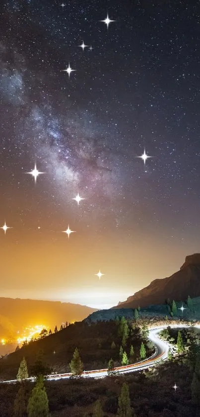 Starry night over mountain road with glowing stars and scenic view.