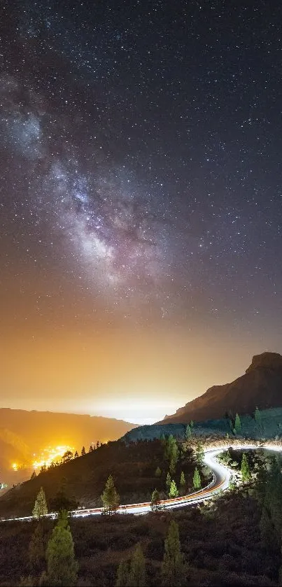 Starry night sky over a mountain road with vibrant light.