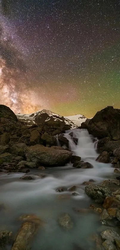 Starry night sky over mountain waterfall landscape.