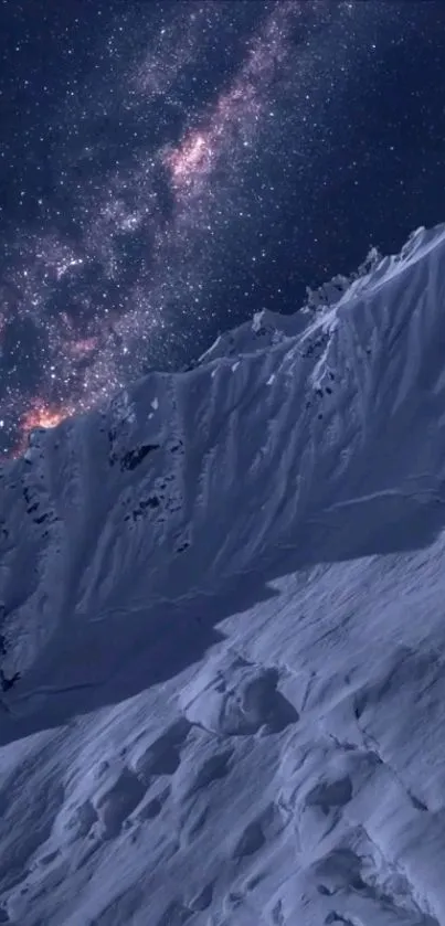 Starry night sky over snowy mountain peaks.