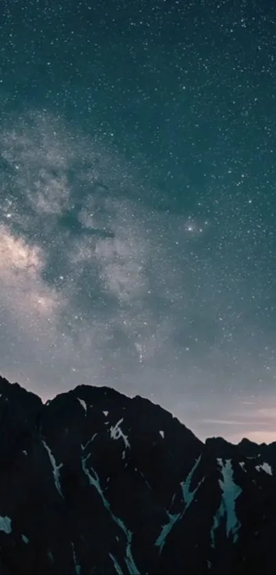 Starry night sky over mountains with galaxy view.