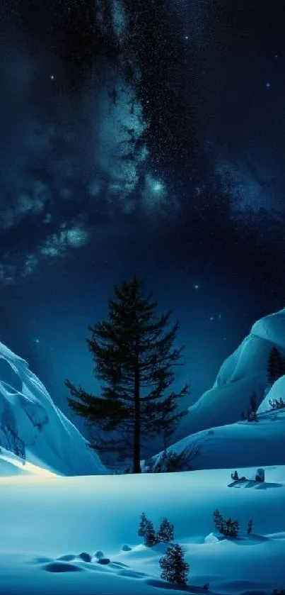 A starry night sky over snowy mountains with a solitary tree silhouette in the foreground.