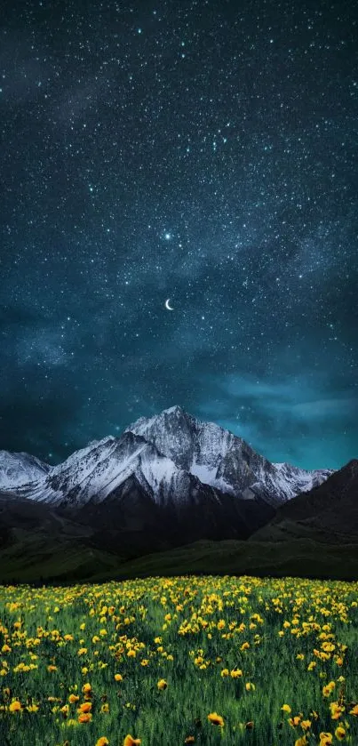 Starry night over mountains and yellow flower field.