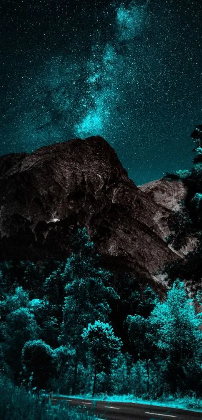 Teal-tinted mountain landscape under a starry sky.