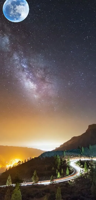 Starry night sky over moonlit mountain landscape wallpaper.