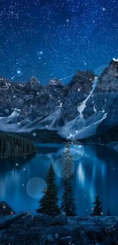 Starry night over a mountain lake with towering peaks and serene reflections.