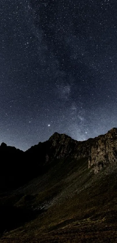 Starry night sky over rugged mountains.