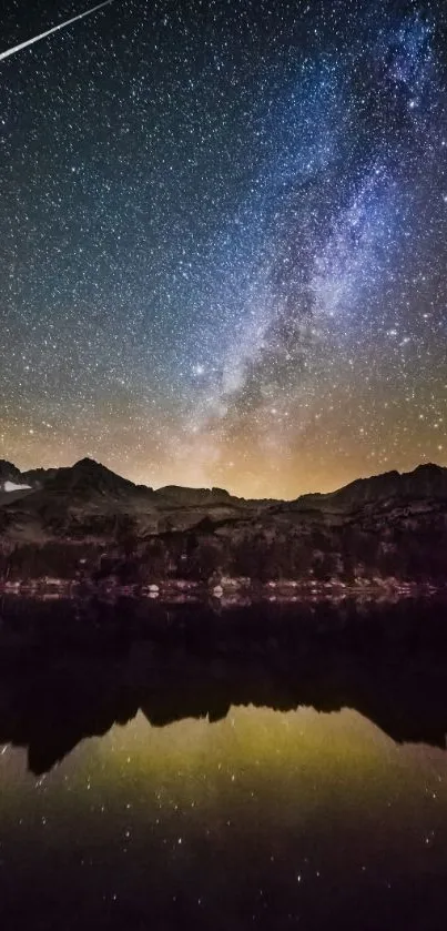 Breathtaking starry night over mountain and lake reflection.