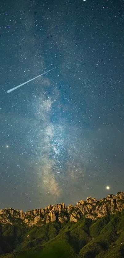 Starry night sky over mountainous terrain, showcasing the Milky Way.