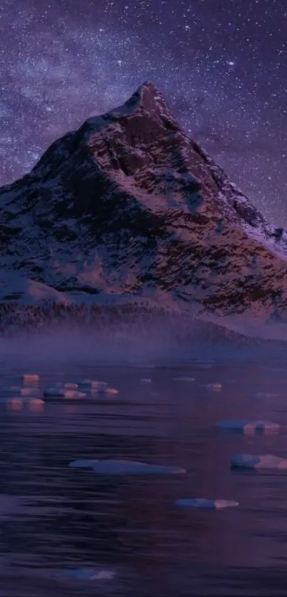 Majestic mountain at night with stars reflecting on a tranquil lake under a purple sky.