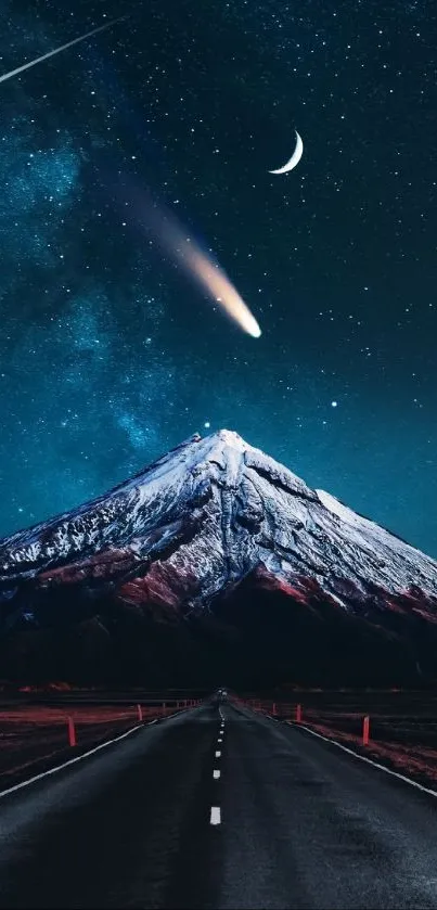 Starry night with a comet over a mountain peak and road.