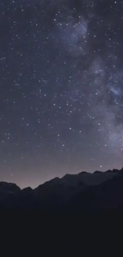 Starry night sky over silhouetted mountains.