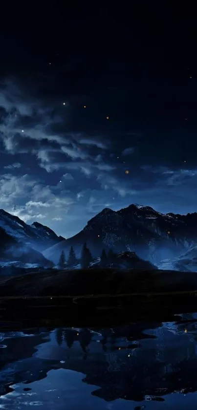 Nighttime mountain scene with stars reflecting on a lake.