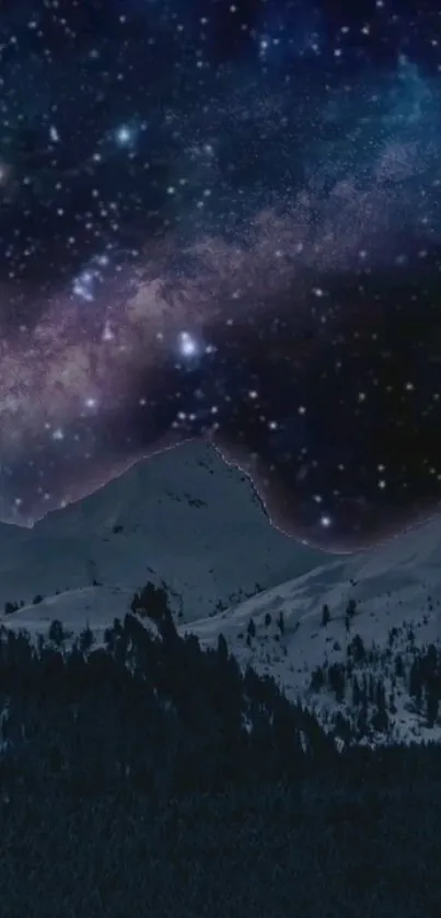 Starry sky over snow-topped mountains at night, creating a cosmic landscape.