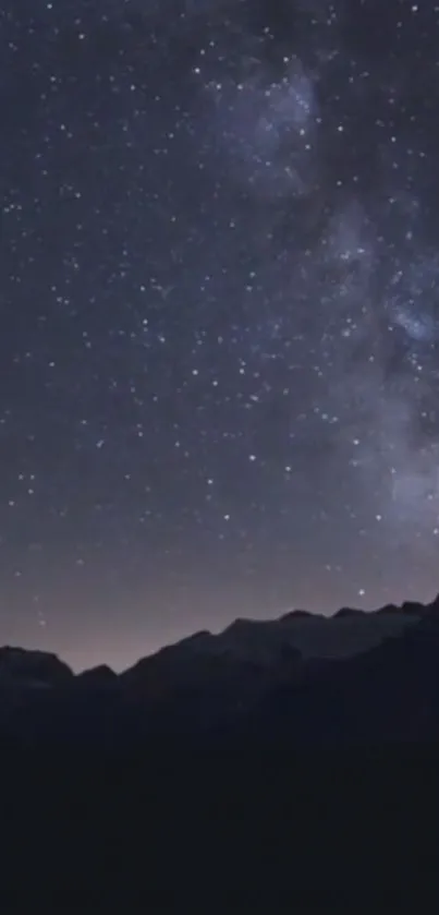 Starry night sky over mountain range in dark blue tones.