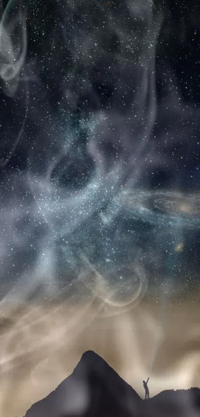 Mobile wallpaper featuring starry night sky, mountain silhouette, and cosmic mist.