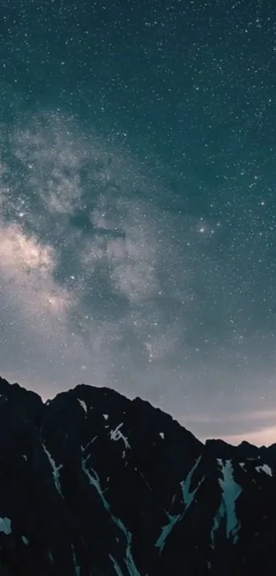 Starry night sky with mountain silhouette.