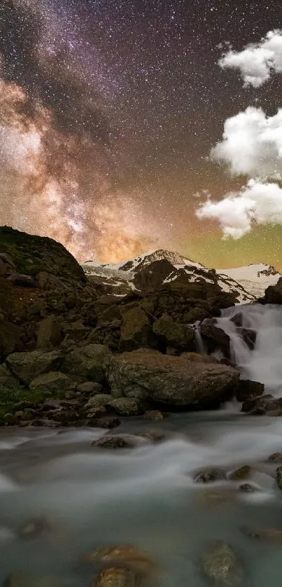 A stunning view of a starry sky over a mountain waterfall at night.