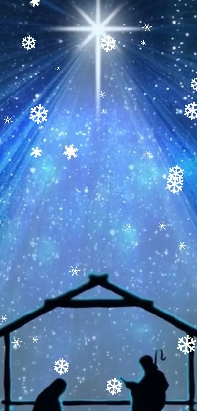 Nativity scene under a bright starry sky with snowflakes.