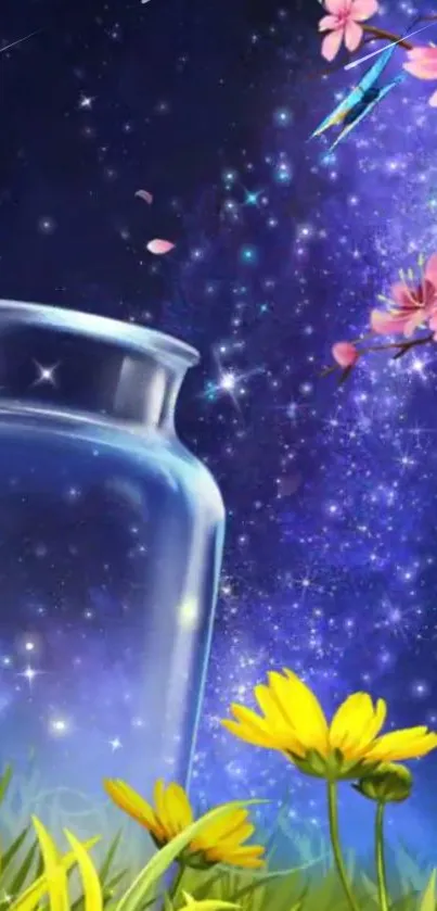 Starry night wallpaper with flowers and a jar.