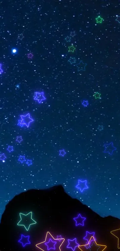 Starry night mobile wallpaper with neon glowing stars.