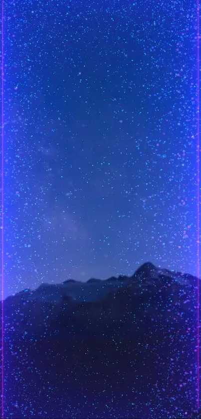 Starry night wallpaper with neon purple hues and mountain silhouette.