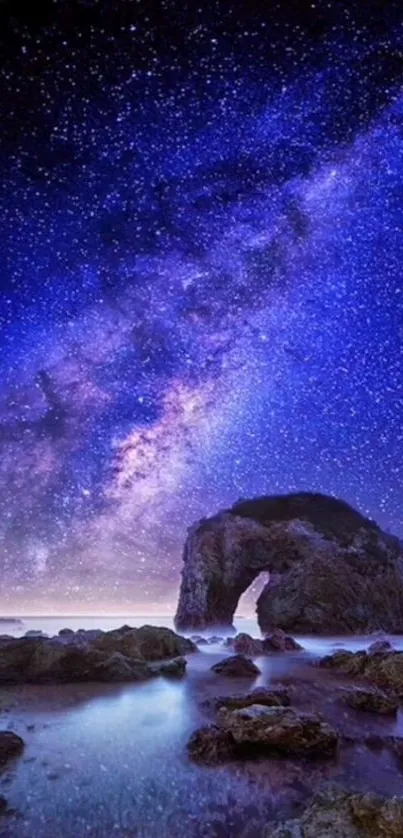 Milky Way over ocean arch at night with starry sky.