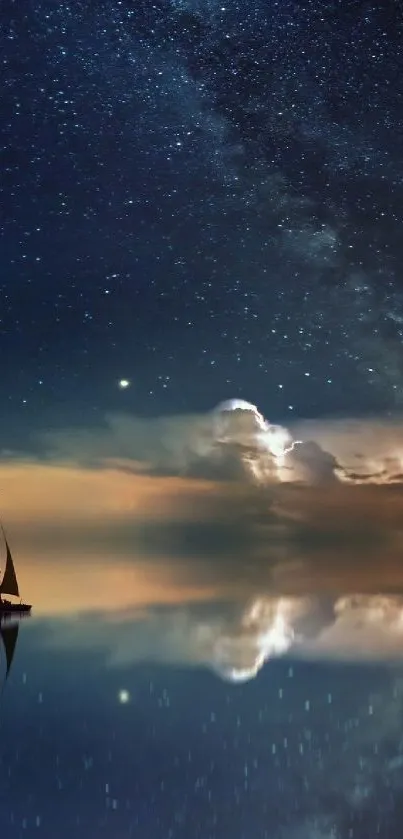 Sailing boat under a starry sky reflecting on the calm ocean water.