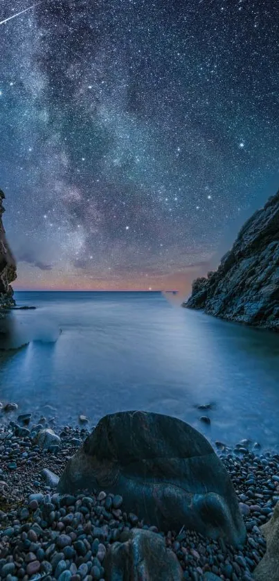 Starry night sky over ocean with rocky cliffs and serene water.