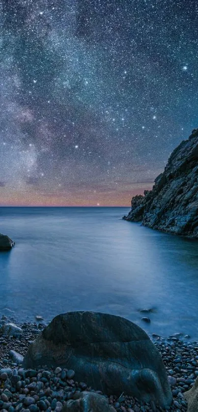 Starry night over a calm ocean with rocky shores.