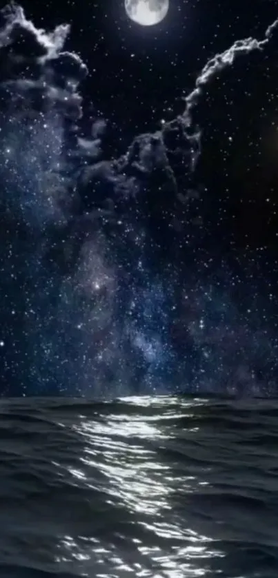 Starry night sky above a calm ocean with moonlight reflecting on water.