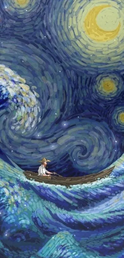 Van Gogh-inspired starry night over ocean painting, with vivid swirls and waves.