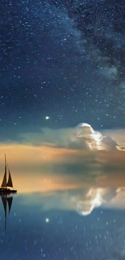 Sailboat under a starry sky reflecting on a calm ocean at night.